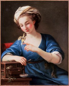 Nuori turkkilaiseen asuun pukeutunut nainen leikkii häkistään otetun linnun kanssa. Hänellä on turbaani ja helmirannekoru. Joseph-Marie Vienin maalaus (Joseph Marie Vien). tekijältä Joseph-Marie the Elder Vien