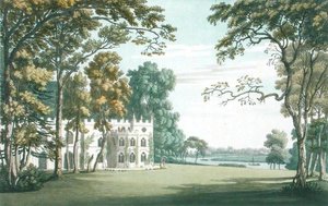 The House, Gardens and Lake at Strawberry Hill, kaiverrus J.C. Stadler (fl.1780-1812), julkaistu vuonna 1793 (värillinen kaiverrus) tekijältä Joseph (after) Farington