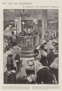 Juhlitaan juutalaisten sovituspäivää Houndsditch synagogassa, Lontoossa (litho) tekijältä Joseph (after) Finnemore