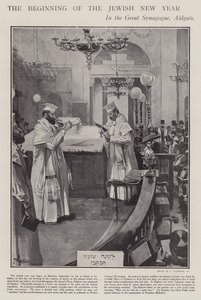Juhlitaan juutalaisen uudenvuoden alkua suuressa synagogassa, Aldgate, Lontoo (litho) tekijältä Joseph (after) Finnemore