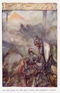 Sir Knight of the Splendid Way -kirjan kuvitus (värilitografia) tekijältä Joseph (after) Finnemore