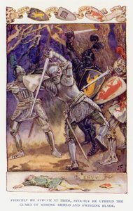 Sir Knight of the Splendid Way -kirjan kuvitus (värilitografia) tekijältä Joseph (after) Finnemore