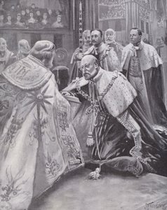 Kuningas Edward VII vannoi valan kruunajaisissaan Westminster Abbeyssa Lontoossa tekijältä Joseph (after) Finnemore