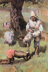 Robinson Crusoe: Hän asettaa jalkani päänsä päälle (väri litho) tekijältä Joseph (after) Finnemore