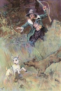 Robinson Crusoe: Koirani yllätti nuoren lapsen (väri litho)