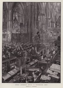 Sunnuntai-iltapäivän jumalanpalvelus Westminster Abbeyssa, Lontoossa (litho) tekijältä Joseph (after) Finnemore