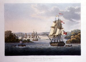 Port Cornwallisin satama. Suurten Andamaanien saari, jossa laivasto on jäämässä alle painon Rangoonille, kaiverrus G. Hunt, pubi. Kirjailija: Kingsbury & Co., Lontoo tekijältä Joseph (after) Moore