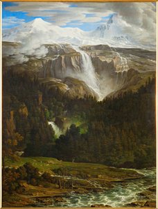 Schmadribachin vesiputous Lauterbrunnin laaksossa, Berner Oberland, Sveitsi ... (öljy kankaalle) tekijältä Joseph Anton Koch