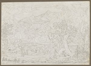 Grindelwald-jäätikkö, jossa metsästäjä ja talonpoikatyttö etualalla, n. 1823. tekijältä Joseph Anton Koch