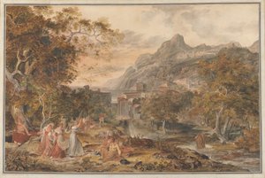 Näkymä Vietristä, jossa nuoret maalaisnaiset tanssivat paimenille etualalla, 1800. tekijältä Joseph Anton Koch