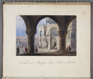 Venetsian San Marcin kirkko ja Piazza San Marc, liitetty Thomas Moodyn päiväkirjaan Sveitsin ja Italian kiertomatkasta, 1822 (wc paperilla).