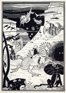 Pubista The Surprising Adventures of Baron Munchausen, siellä oli suuri valikoima korkeita, jalopuita, täynnä meren hedelmiä, kuten hummereita, rapuja, ostereita. 1895 (kaiverrus) tekijältä Joseph Benwell Clark