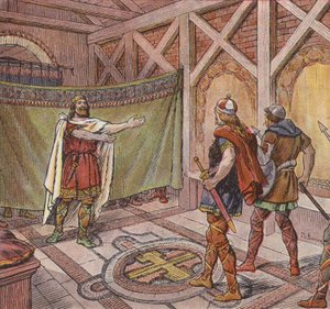 Chlothar I näkee salamurhaajien jalat, jotka hänen veljensä Theuderic käski tappamaan hänet (väri litho)