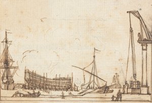Dock Scene: erikokoisia veneitä ja laivoja; Laivanrakennus; Hihnapyörän kaltaiset koneet, joissa on käyttäjiä tekijältä Joseph Cartwright