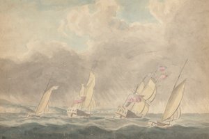 Two Sloops of War, One Barque ja One Schooner (?), Sterns Forward, Heavy Seasissa; Useita purjealuksia taustalla tekijältä Joseph Cartwright