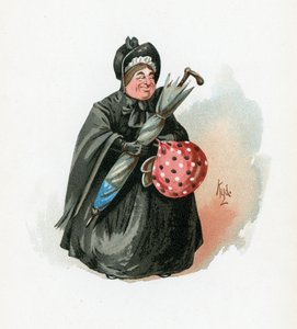 Rouva Gamp, kuvitus artikkelista "Character Sketches from Charles Dickens", n. 1890 tekijältä Joseph Clayton Clarke