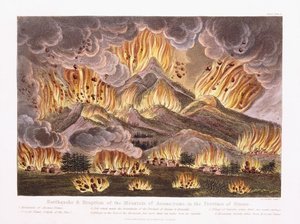 Maanjäristys ja Asama-yaman vuoren purkaus Sinanon maakunnassa, 1822 tekijältä Joseph Constantine Stadler