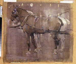 Cab Horses by Gaslight (akvarelli ja vartaloväri pellavalle) tekijältä Joseph Crawhall