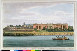 Hampton Court, kaiverrettu J.C. Stadler (fl.1780-1812) Havellin "Thamesin historiasta", 1793 (värikaiverrus) tekijältä Joseph Farington