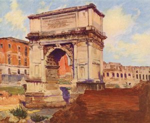Rooma: Forum, Tituksen kaari, Colosseum (värilitografia). tekijältä Joseph Felix Bouchor