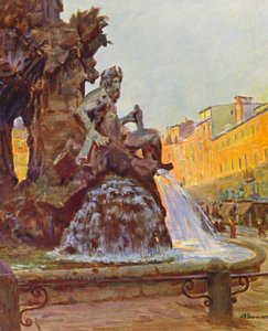 Rooma: Piazza Navona, Berninin suihkulähde (värilitografia). tekijältä Joseph Felix Bouchor
