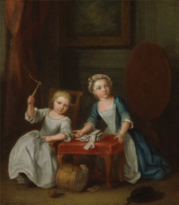 Kaksi Nollekens-perheen lasta, luultavasti Jacobus ja Maria Sophia, leikkivät toppia ja pelikortteja, 1745