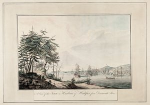 Näkymä Halifaxin kaupungista ja satamasta Dartmouthin rannalta, noin 1777 (painettu).