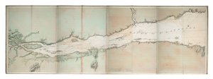 Pyhän Laurentiuksen joen kartta, Pohjois-Amerikan Atlantin rannikko, noin 1781 (värillinen kaiverrus).