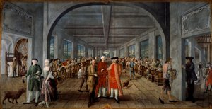 Wetter Brothers Indian Fabric Factory Vasemmalla herra ja rouva Jean Rodolphe (Jean-Rodolphe) Wetter runsaasti vetus. Keskellä työntekijä esittelee painolevyn tehtaan johtajalle Pierre Pignet