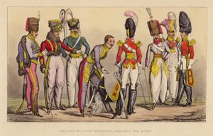 Englannin sotilaspuvut (ratsuväki) 1821 ja 1822 (värillinen kaiverrus)