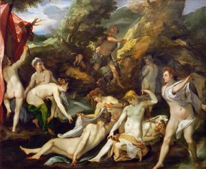 Barokki : Diane et Acteon - Diana ja Actaeon par Heintz, Joseph, vanhempi (1564-1609), n. 1595. Öljy kuparille, 40x49. Taidehistoriallinen museo, Vienne