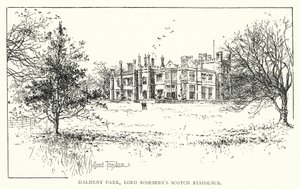 Dalmeny Park, lordi Roseberyn skotlantilainen asuinpaikka (litografia) tekijältä Joseph Holland Tringham