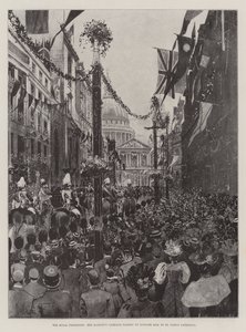 Kuninkaallinen kulkue, Hänen Majesteettinsa vaunut kulkevat Ludgate Hillillä St Paulin katedraaliin. tekijältä Joseph Holland Tringham