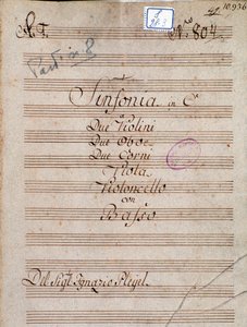 Ensimmäinen sivu Pleyelin sinfonian sävelle C:ssä tekijältä Joseph Ignace Pleyel