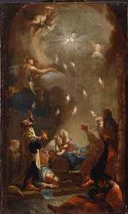 Pyhän Hengen laskeutuminen (helluntai) - Joseph Ignaz Mildorferin (1719-1775) maalaus, öljy kankaalle, noin 1750 - (Pyhän Hengen laskeutuminen (helluntai), J.I.Mildorferin öljy kankaalle, n. 1750) - Magyar Nemzeti Galeria (Unkari) tekijältä Joseph Ignaz Mildorfer