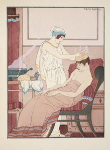 Päähän laitetaan kuumassa vedessä kasteltu sieni, kuva teoksesta "Hippokrateen teokset", 1934 tekijältä Joseph Kuhn Regnier