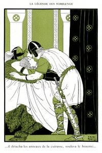 Nibelungen legenda: Siegfried syleilee Walkyrie Brunnhildea (kromolitografia) tekijältä Joseph Kuhn Regnier