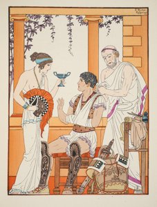Haavoittunut sotilas käsi hihnassa, kuvitus teoksesta "Hippokrateen teokset", 1934 tekijältä Joseph Kuhn Regnier