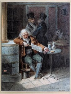 Lehden lukeminen"": vanha mies nukkui kahvilassa lukemassa sanomalehteä "The Gazette" vuonna 1824. Joseph Louis Hippolyte Bellangen litografia (1800-1866) 1824 Paris, Musee Carnavalet tekijältä Joseph Louis Hippolyte Bellange