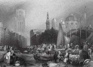 Rotterdamin kalamarkkinat (kaiverrus) tekijältä Joseph Mallord William (after) Turner