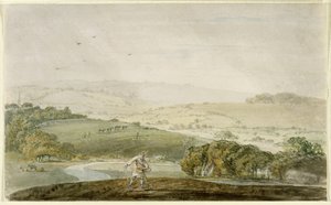 Maanviljelijä kylvö, jokilaakso ja kumpuilevat kukkulat takana, n. 1795 tekijältä Joseph Mallord William Turner