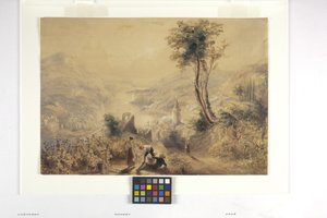 Berncastle (Oberwesel) (akvarelli ja guassi luonnonvalkoiselle paperille) tekijältä Joseph Mallord William Turner