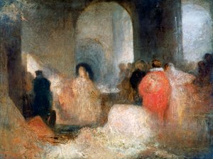 Illallinen suuressa huoneessa hahmojen kanssa pukuissa, n. 1830-1835 tekijältä Joseph Mallord William Turner