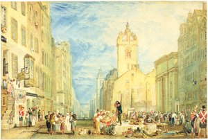 High Street, Edinburgh, n. 1818 (akvarelli, kynä, muste, grafiitti ja raapiminen kudospaperille) tekijältä Joseph Mallord William Turner
