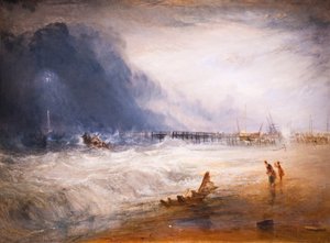 Pelastusvene ja manby-laitteet lähtevät jumiin jääneeseen alukseen tekijältä Joseph Mallord William Turner