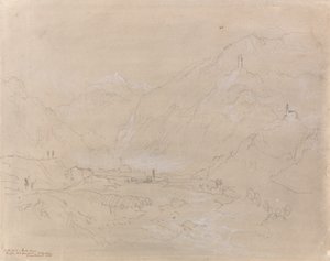 Vuoristoinen maisema ja kaupunki laaksossa, n. 1840 (grafiitti ja harmaa pesu paperilla) tekijältä Joseph Mallord William Turner