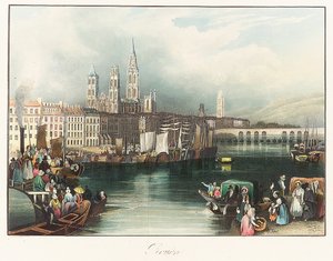 Rouen (Ranska). Joseph Mallord William Turnerin (1775-1851) litografia (33x46,9 cm). tekijältä Joseph Mallord William Turner