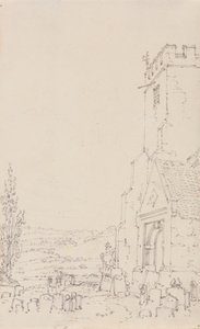 Tuntemattoman kirkon eteläkuisti ja torni, n. 1790-1795 (kynä paperille) tekijältä Joseph Mallord William Turner