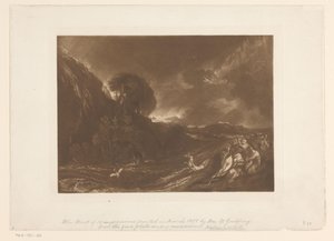 Myrskyinen maisema, jossa on tulvia ja hukkuvia ihmisiä Vedenpaisumus Maisematutkimukset (sarjan nimi) Liber Studiorum (sarjan nimi) tekijältä Joseph Mallord William Turner