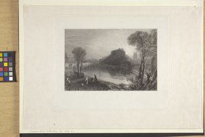 Tamworth Castle, Staffordshire (etsaus ja kaiverrus intialaiselle paperille, chine collé) tekijältä Joseph Mallord William Turner